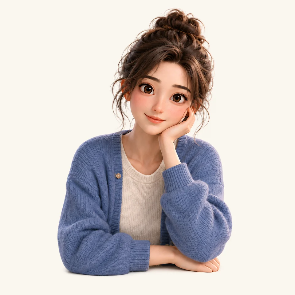 Echo rests her cheek on her hand, tilts her head, and listens with a patient, attentive expression.