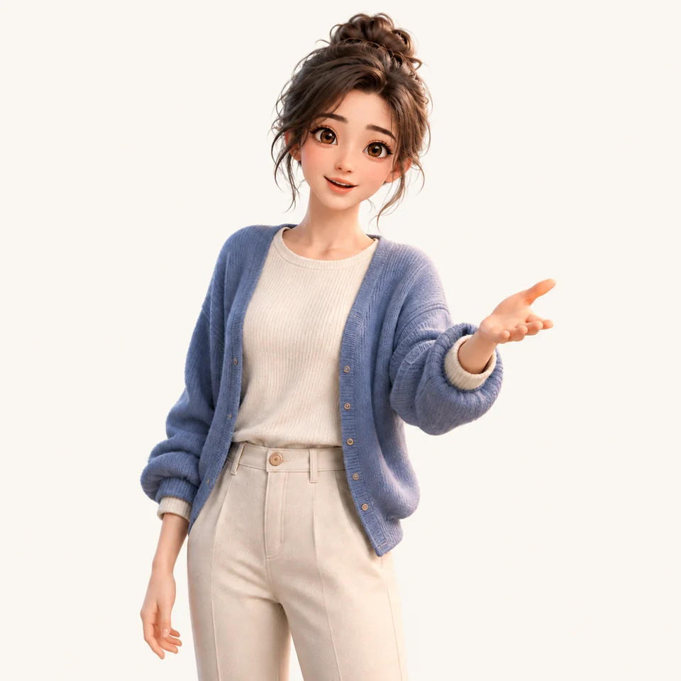 Echo, in a blue knit cardigan, smiles and opens her palm to invite you to speak English.